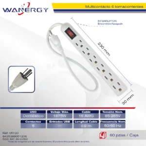 Regleta Multicontacto Compacta6 tomas de corrientePP materialCon interruptor ON/OFFCable calibre 3x1.2mm2,Calibre 8.0mm
