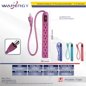 Regleta Multicontacto Compacta6 tomas de corrientePP materialCon interruptor ON/OFFCable calibre 3x1.2mm2,Calibre 8.0mm