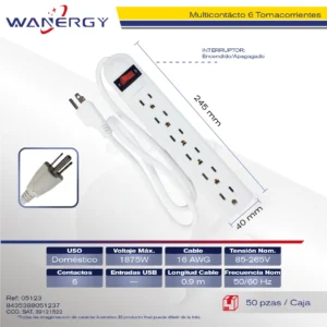 Regleta Multicontacto6 tomas de corrientePP materialCon interruptor ON/OFFCable calibre 3x1.2mm2,Calibre 8.0mm