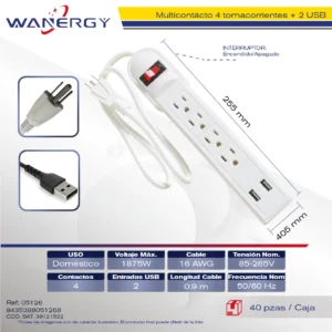 Regleta Multicontacto Con 2 USB 4 tomas de corrienteUSB 5V,1.2APP materialCon interruptor ON/OFFCable calibre 3x1.2mm2,Calibre 8.0mm