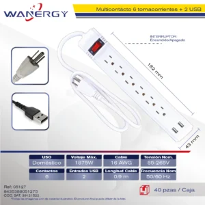 Regleta Multicontacto Con USB6 tomas de corrienteUSB 5V,1.2APP materialCon interruptor ON/OFFCable calibre 3x1.2mm2,Calibre 8.0mm