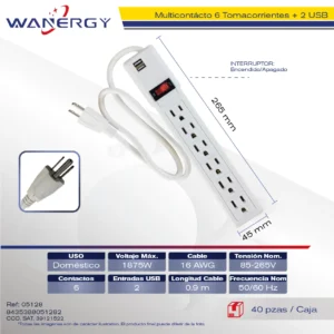 Regleta Multicontacto Con USB6 tomas de corrienteUSB 5V,1.2APP materialCon interruptor ON/OFFCable calibre 3x1.2mm2,Calibre 8.0mm