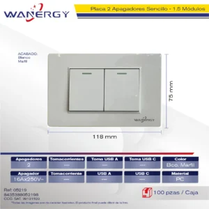 PLACA 2 APAGADORES SENCILLOS DE 1.5 MÓDULOS BLANCO MARFIL