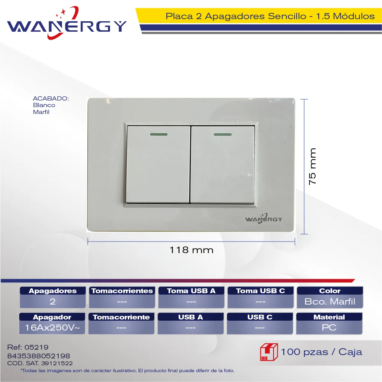 PLACA 2 APAGADORES SENCILLOS DE 1.5 MÓDULOS BLANCO MARFIL