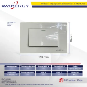 PLACA 1 APAGADOR ESCALERA DE 3 MÓDULOS BLANCO MARFIL