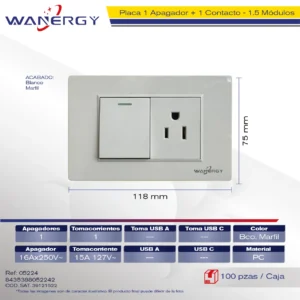 PLACA 1 APAGADOR SENCILLO Y 1 CONTACTO DE 1.5 MÓDULOS BLANCO MARFIL