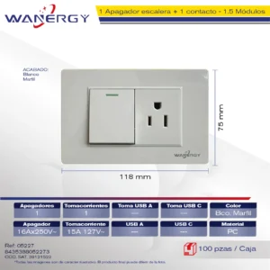 PLACA 1 APAGADOR ESCALERA Y 1 CONTACTO DE 1.5 MÓDULOS BLANCO MARFIL