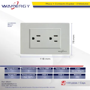 PLACA CONTACTO DUPLEX DE 1.5 MÓDULOS BLANCO MARFIL
