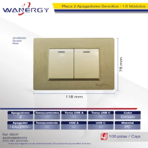 PLACA 2 APAGADORES SENCILLOS DE 1.5 MÓDULOS DORADO MATE