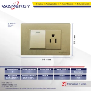PLACA 1 APAGADOR SENCILLO Y 1 CONTACTO DE 1.5 MÓDULOS DORADO MATE