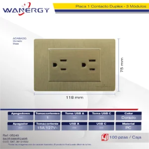 PLACA CONTACTO DUPLEX DE 1.5 MÓDULOS DORADO MATE