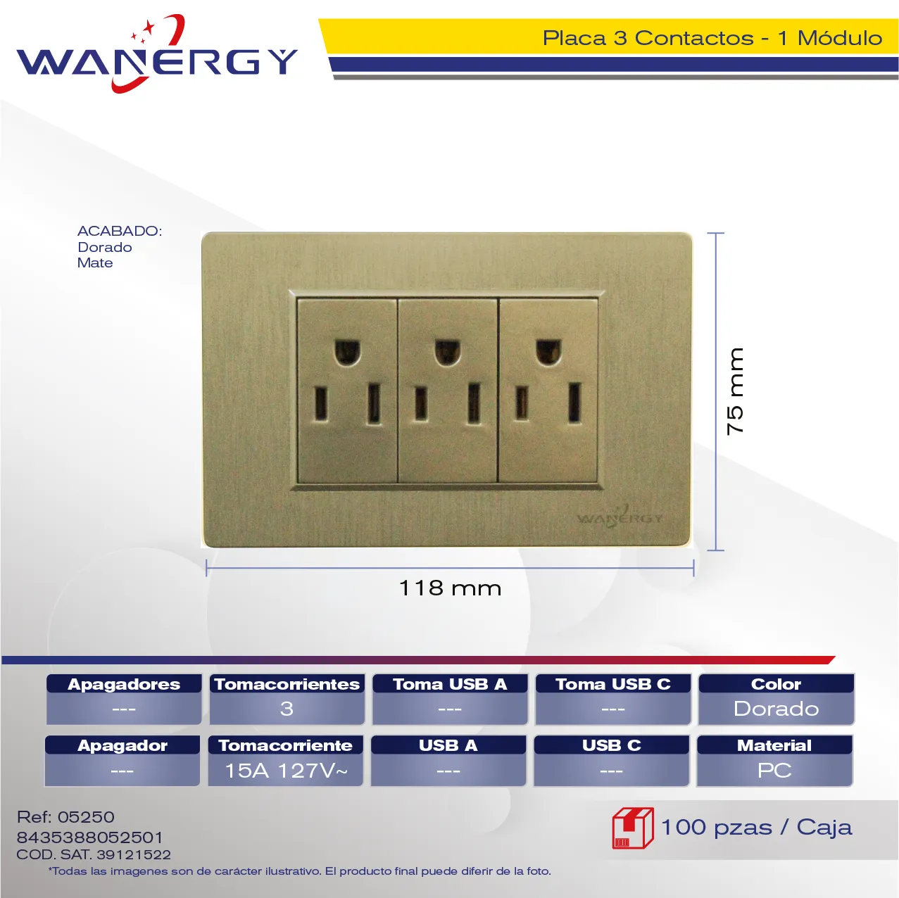 PLACA 3 CONTACTOS DE 1 MÓDULO DORADO MATE