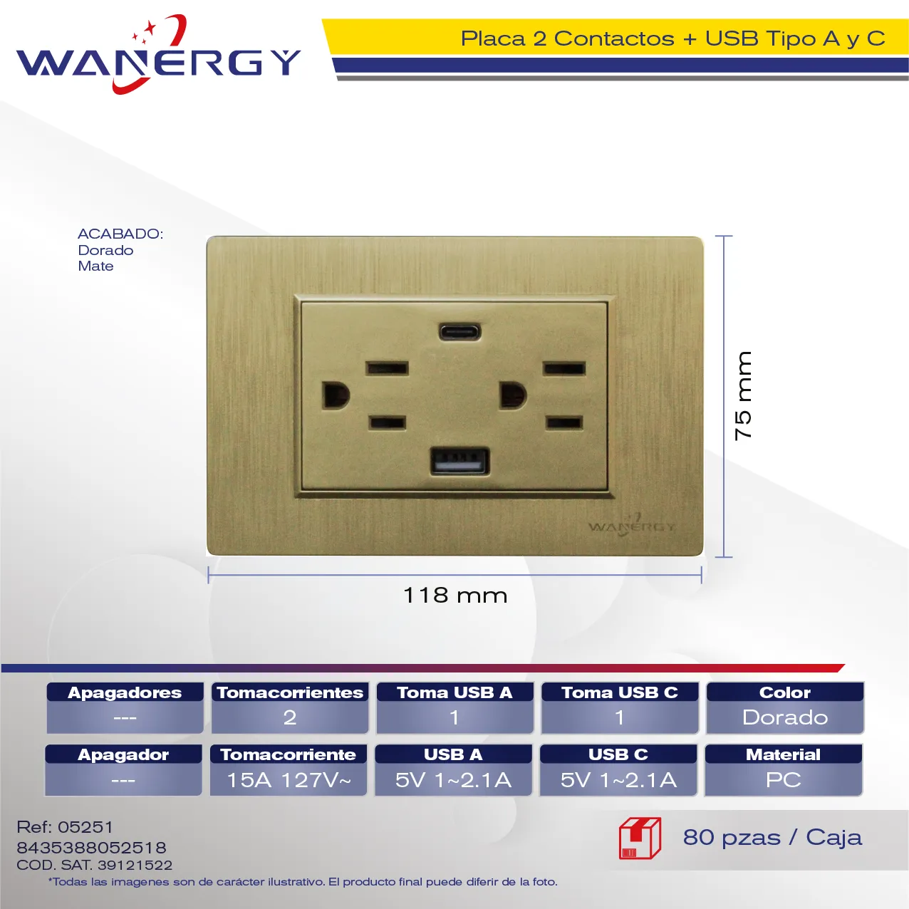 PLACA 2 CONTACTOS Y ENTRADA DE USB Y TIPO C DORADO MATE
