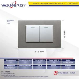 PLACA 2 APAGADORES SENCILLOS DE 1.5 MÓDULOS PLATA MATE