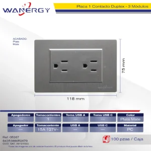 PLACA CONTACTO DUPLEX DE 1.5 MÓDULOS PLATA MATE