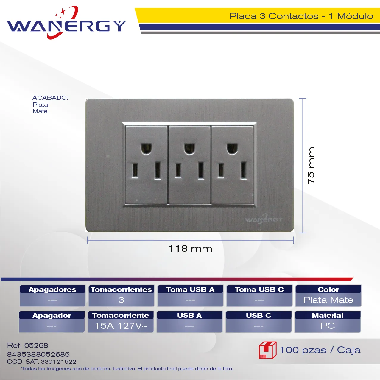 PLACA 3 CONTACTOS DE 1 MÓDULO PLATA MATE