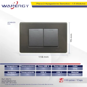 PLACA ACERO INOXIDABLE 2 APAGADORES SENCILLOS DE 1.5 MÓDULOS PLATA