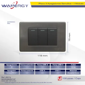 PLACA ACERO INOXIDABLE 3 APAGADORES SENCILLOS DE 1 MÓDULO PLATA