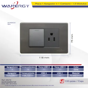 PLACA ACERO INOXIDABLE 1 APAGADOR SENCILLO Y 1 CONTACTO DE 1.5 MÓDULOS PLATA