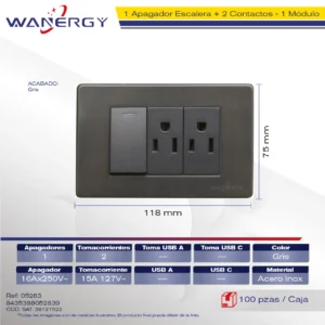 PLACA ACERO INOXIDABLE 1 APAGADOR ESCALERA Y 2 CONTACTOS DE 1 MÓDULO PLATA