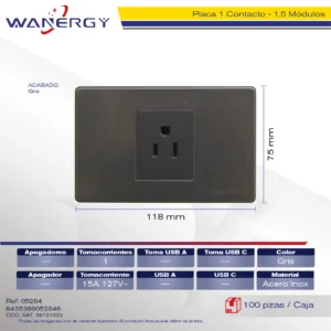 PLACA ACERO INOXIDABLE 1 CONTACTO DE 1.5 MÓDULOS PLATA