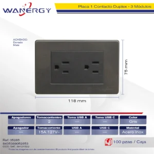 PLACA ACERO INOXIDABLE CONTACTO DUPLEX DE 1.5 MÓDULOS PLATA