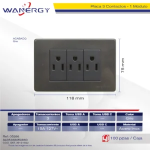 PLACA ACERO INOXIDABLE 3 CONTACTOS DE 1 MÓDULO PLATA
