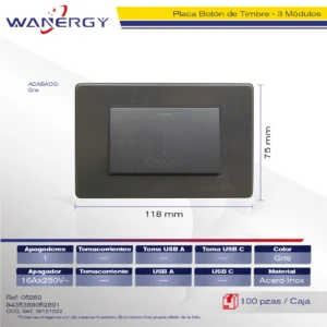 PLACA ACERO INOXIDABLE BOTÓN TIMBRE DE 3 MÓDULOS PLATA