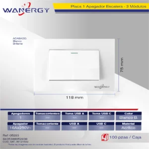 PLACA 1 APAGADOR ESCALERA DE 3 MÓDULOS ACRILICO BLANCO BRILLO