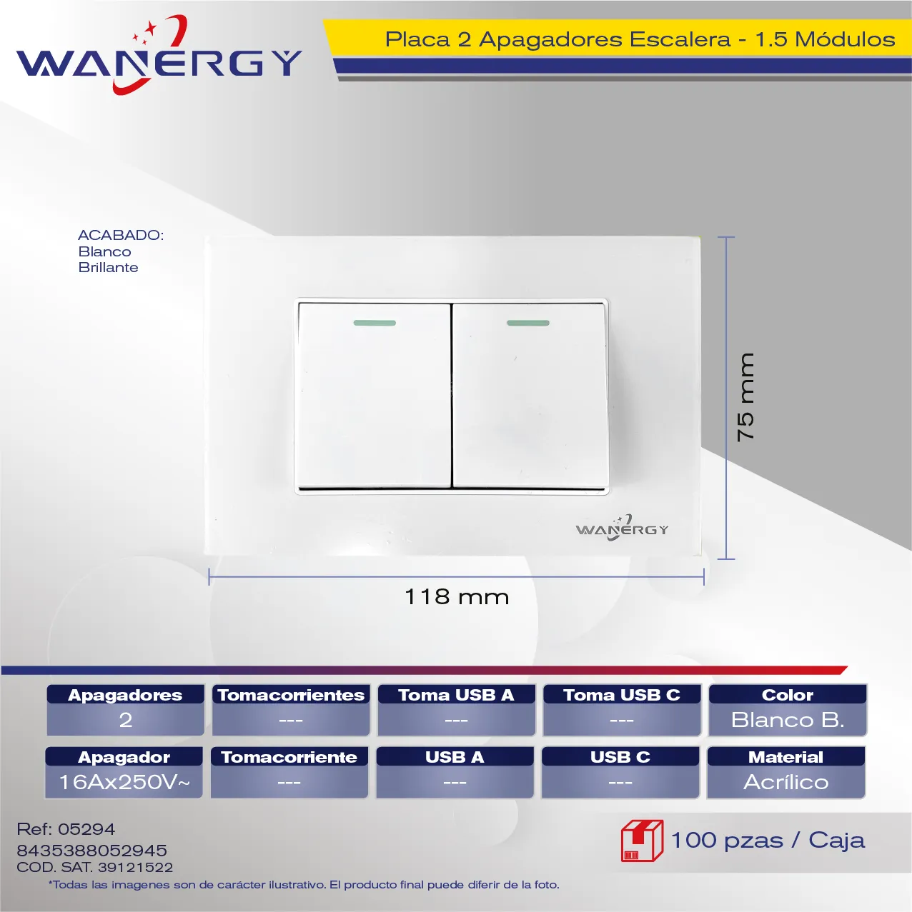 PLACA 2 APAGADORES ESCALERA DE 1.5 MÓDULOS ACRILICO BLANCO BRILLO