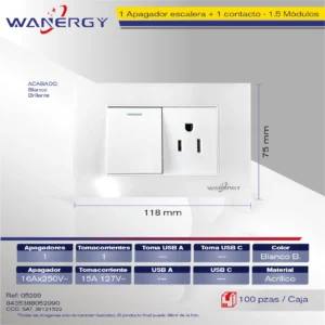 PLACA 1 APAGADOR ESCALERA Y 1 CONTACTO DE 1.5 MÓDULOS ACRILICO BLANCO BRILLO