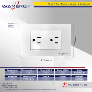 PLACA CONTACTO DUPLEX DE 1.5 MÓDULOS ACRILICO BLANCO BRILLO