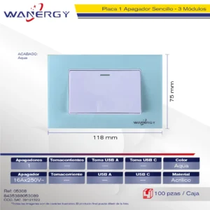 PLACA 1 APAGADOR SENCILLO DE 3 MÓDULOS ACRILICO BLANCO AQUA
