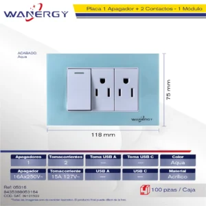 PLACA 1 APAGADOR SENCILLO Y 2 CONTACTOS DE 1 MÓDULO ACRILICO BLANCO AQUA