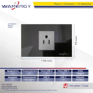 PLACA 1 CONTACTO DE 1.5 MÓDULOS ACRILICO ESPEJO NEGRO