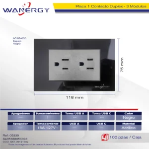 PLACA CONTACTO DUPLEX DE 1.5 MÓDULOS ACRILICO ESPEJO NEGRO