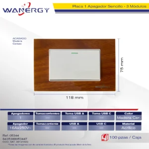 PLACA 1 APAGADOR SENCILLO DE 3 MÓDULOS ACRILICO MADERA CEREZO