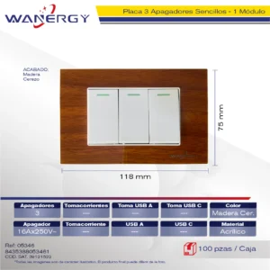 PLACA 3 APAGADORES SENCILLOS DE 1 MÓDULO ACRILICO MADERA CEREZO