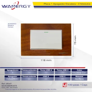 PLACA 1 APAGADOR ESCALERA DE 3 MÓDULOS ACRILICO MADERA CEREZO