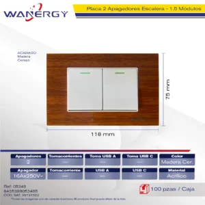 PLACA 2 APAGADORES ESCALERA DE 1.5 MÓDULOS ACRILICO MADERA CEREZO