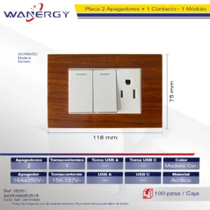 PLACA 2 APAGADORES SENCILLOS Y 1 CONTACTO DE 1 MÓDULO ACRILICO MADERA CEREZO