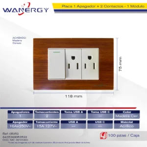 PLACA 1 APAGADOR SENCILLO Y 2 CONTACTOS DE 1 MÓDULO ACRILICO MADERA CEREZO