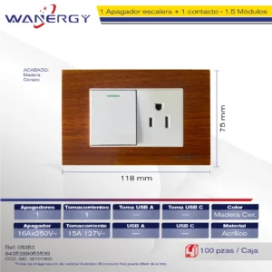 PLACA 1 APAGADOR ESCALERA Y 1 CONTACTO DE 1.5 MÓDULOS ACRILICO MADERA CEREZO