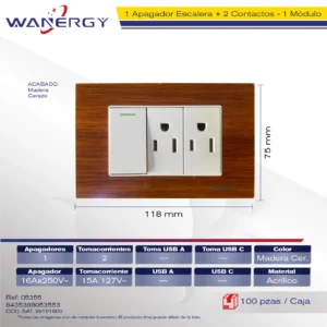 PLACA 1 APAGADOR ESCALERA Y 2 CONTACTOS DE 1 MÓDULO ACRILICO MADERA CEREZO