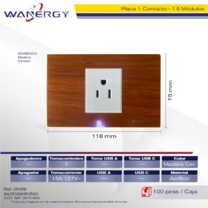PLACA 1 CONTACTO DE 1.5 MÓDULOS ACRILICO MADERA CEREZO