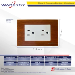 PLACA CONTACTO DUPLEX DE 1.5 MÓDULOS ACRILICO MADERA CEREZO