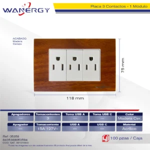 PLACA 3 CONTACTOS DE 1 MÓDULO ACRILICO MADERA CEREZO