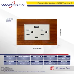 PLACA 2 CONTACTOS Y ENTRADA DE USB Y TIPO C ACRILICO MADERA CEREZO