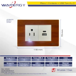 PLACA 1 CONTACTO Y ENTRADA DE USB Y TIPO C ACRILICO MADERA CEREZO