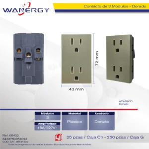Contácto Duplex 3 módulos Dorado